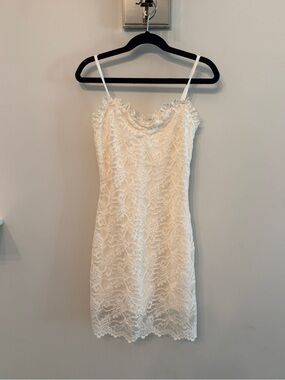 LoveShackFancy Off White Lace Slip Dress with Ruffled Neckline